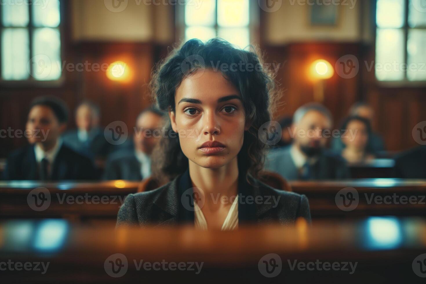 AI generated Solemn woman in courtroom setting photo