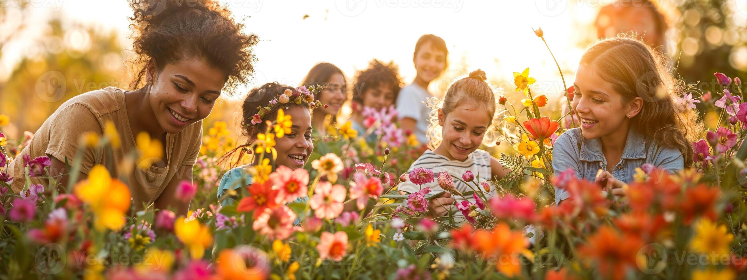 AI generated Joyful group of friends enjoying a flower field at sunset photo
