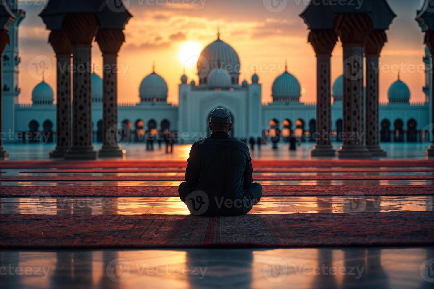 AI generated Silhouette of a man praying in a mosque, facing the setting sun photo