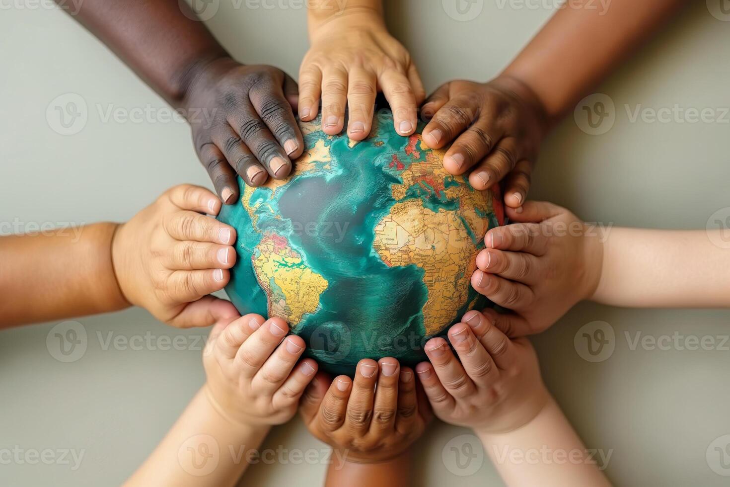 AI generated Diverse group of hands of all ages holding a world globe together photo