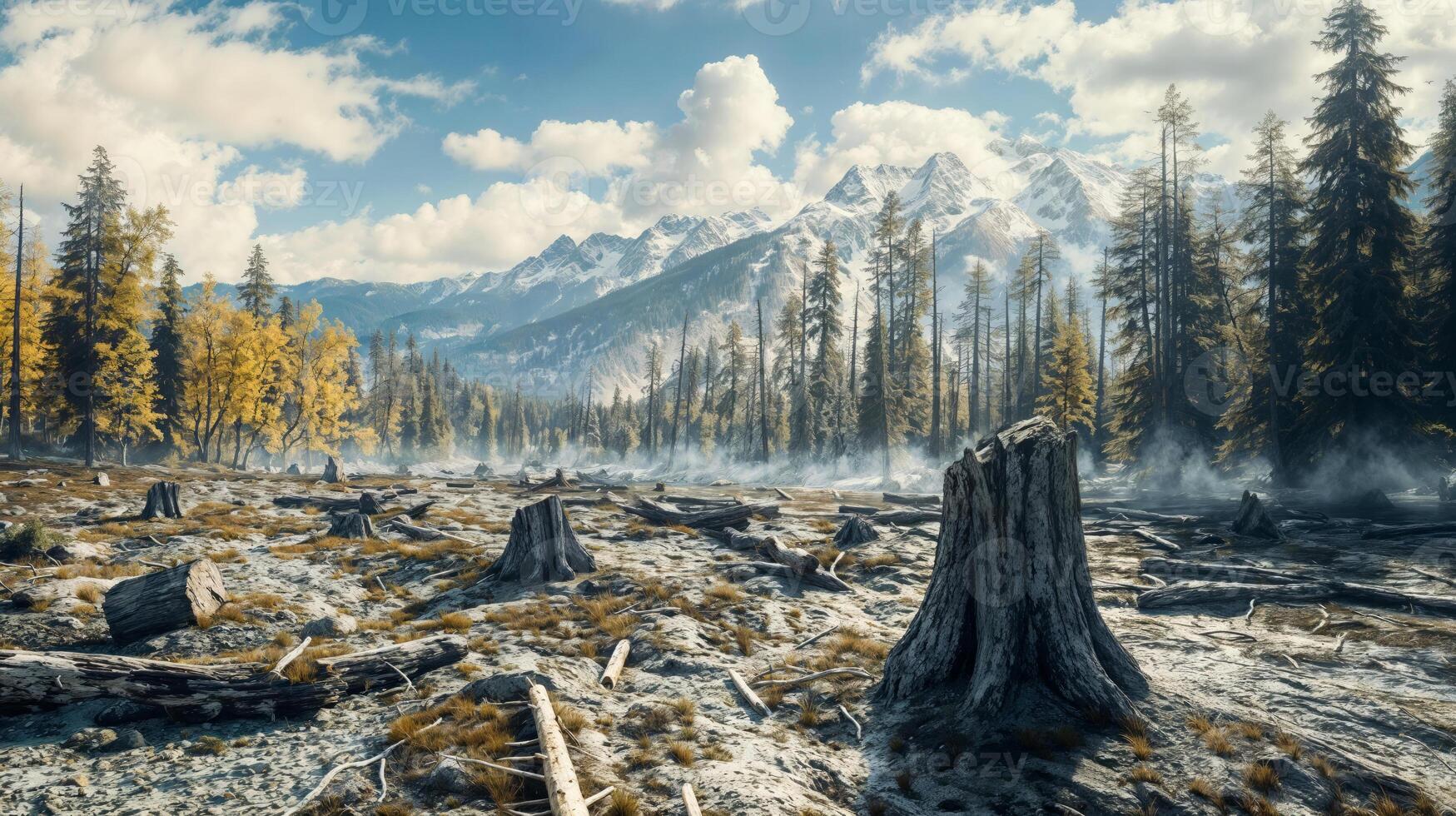 ai generado luz de sol filtros mediante niebla en un deforestado zona con nevadas picos en el antecedentes foto