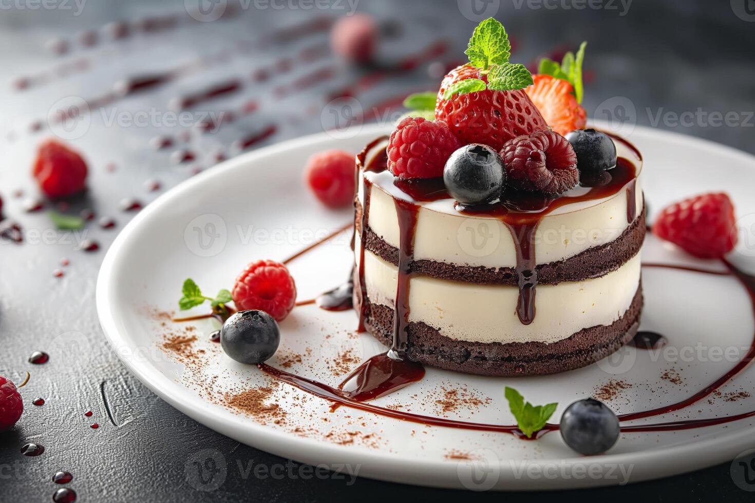 AI generated Exquisite chocolate mousse cake topped with berries and mint, drizzled with syrup photo