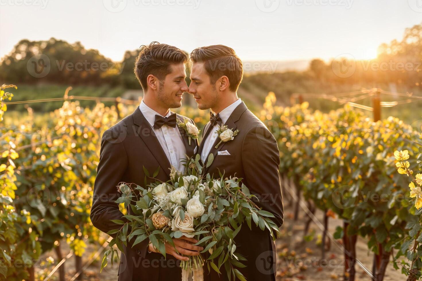 ai generado gay Pareja en esmoquin compartiendo un íntimo momento entre viñedo filas a puesta de sol foto