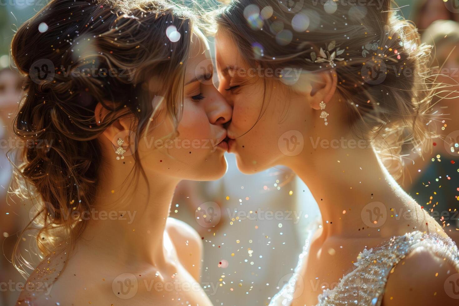 AI generated Two women share a gentle kiss surrounded by festive confetti photo
