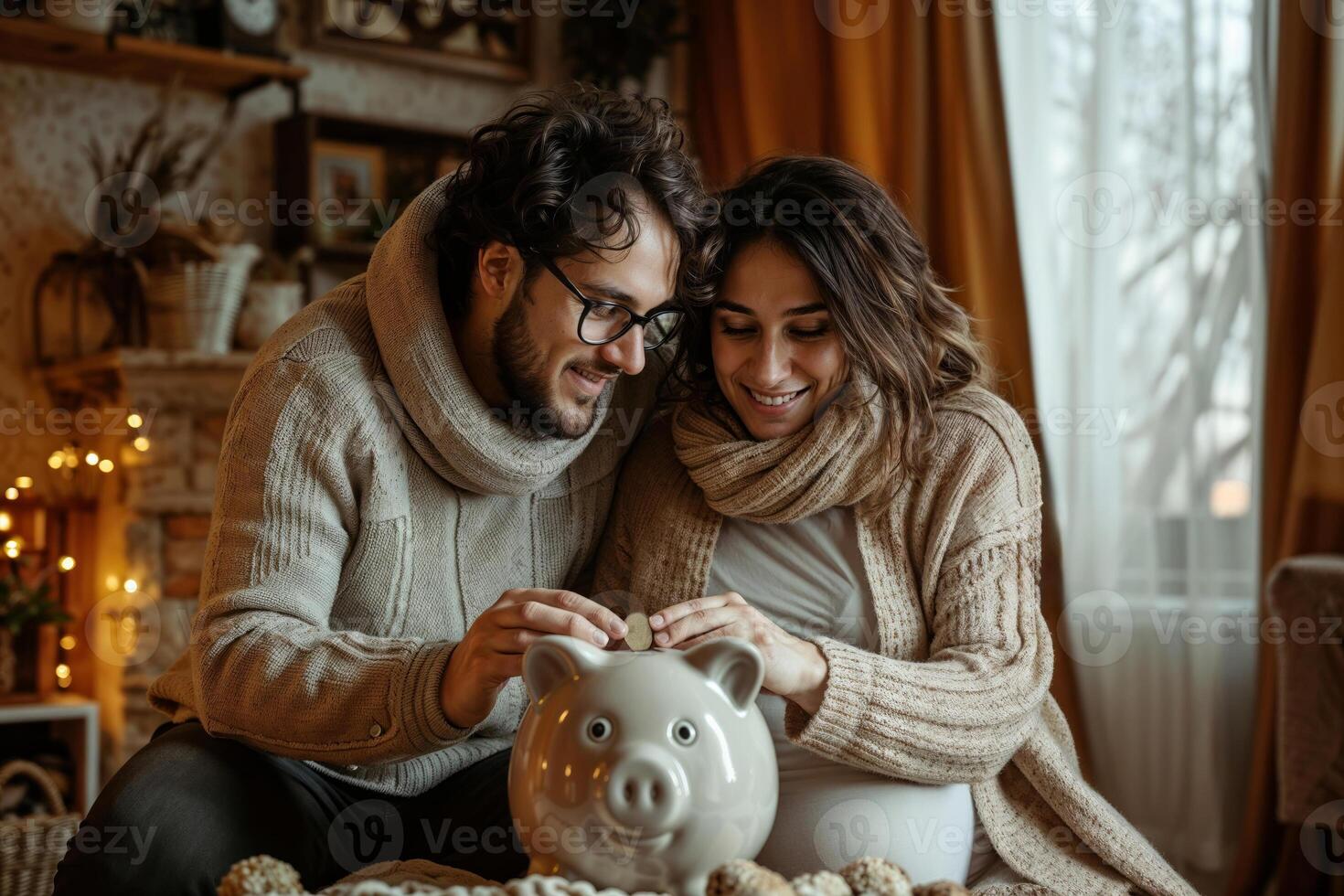 AI generated Couple saving money together at home photo