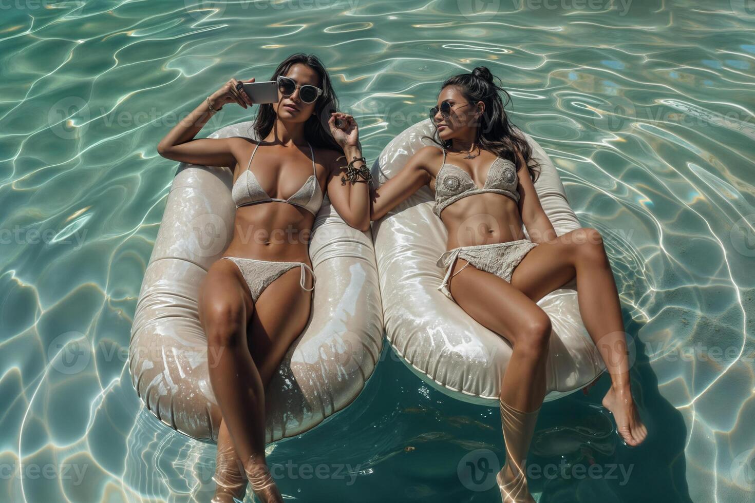 AI generated Two women relaxing on floaties in a pool, enjoying a sunny summer day photo
