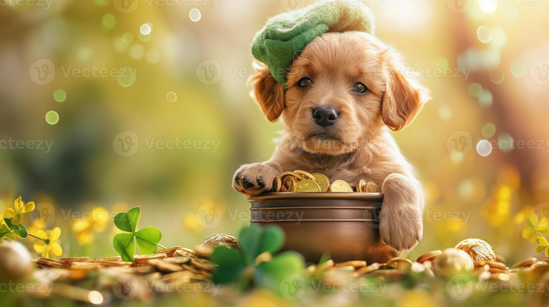 ai generado adorable cachorro celebra S t. patrick's día entre tréboles y oro monedas foto