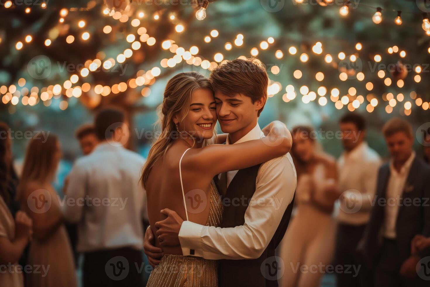 AI generated Young couple in an intimate embrace, dancing at an outdoor evening party photo