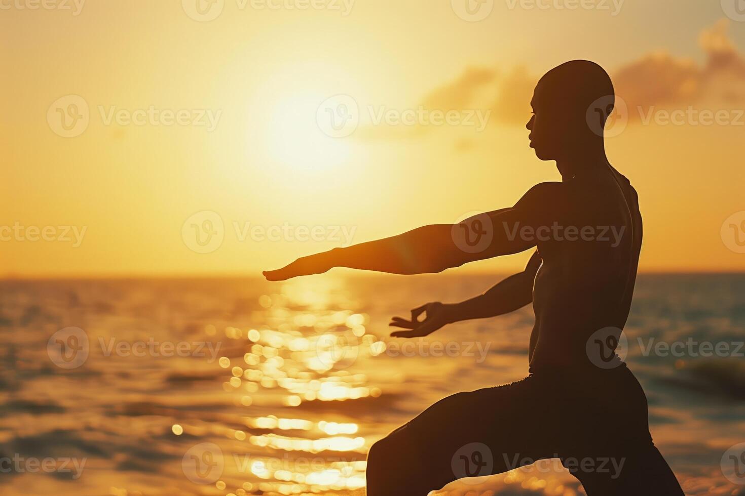 AI generated Silhouette of an individual practicing yoga on the beach at dusk photo
