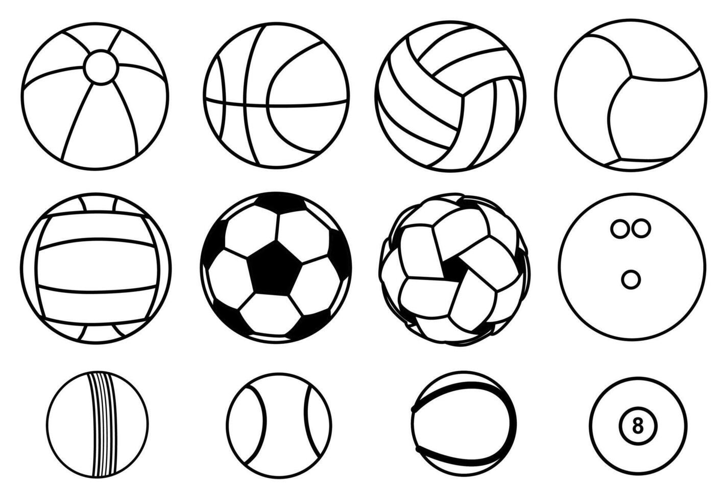Set icon of ball, football, basketball, volleyball, beachball line design vector Illustration