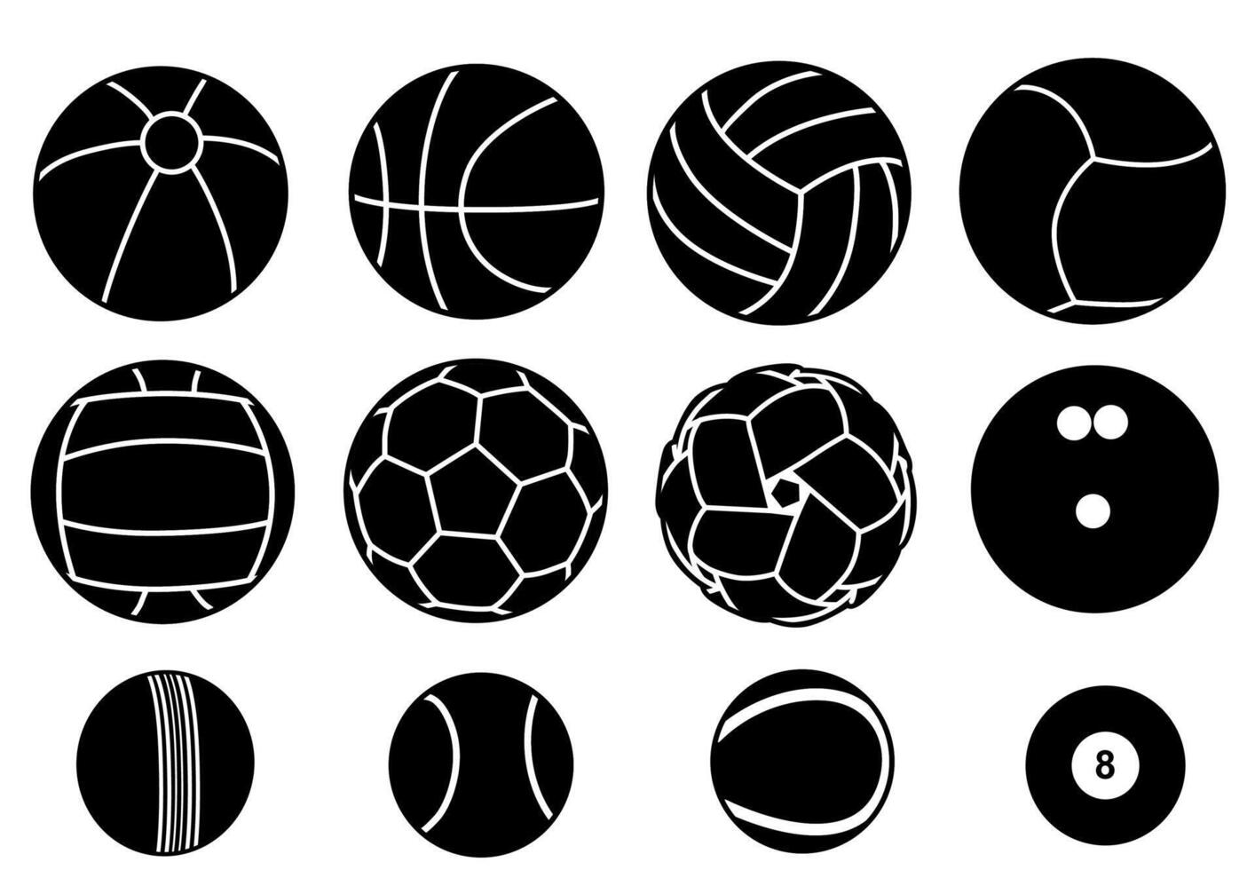 Set icon of ball, football, basketball, volleyball, beachball Black silhouette design vector Illustration