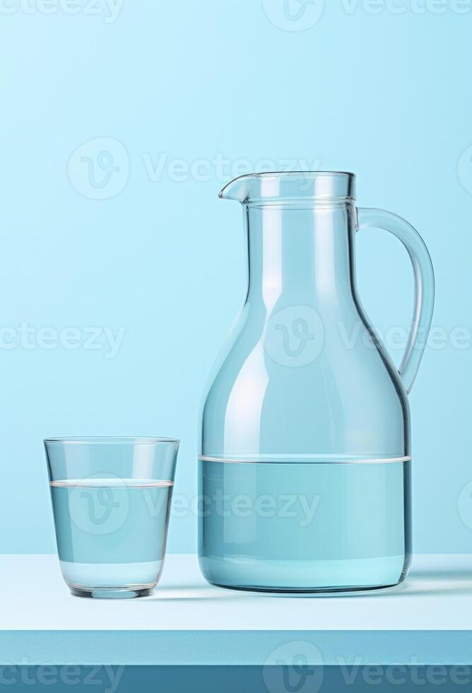 AI generated Vertical shot of clear pure water for drink in jug ang transparent glass on solid blue background, studio light photo