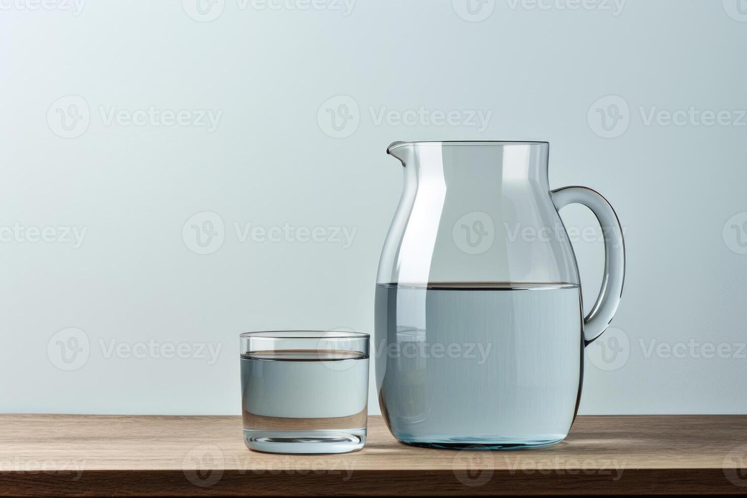 AI generated Closeup stylish jug with water and a full glass on a wooden table on a blue background. Place for text. photo