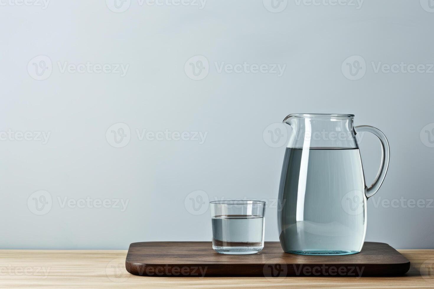 AI generated Transparent jug with a glass of drinking water on a wooden table. Service room at the hotel. Minimal style. Copy space. photo