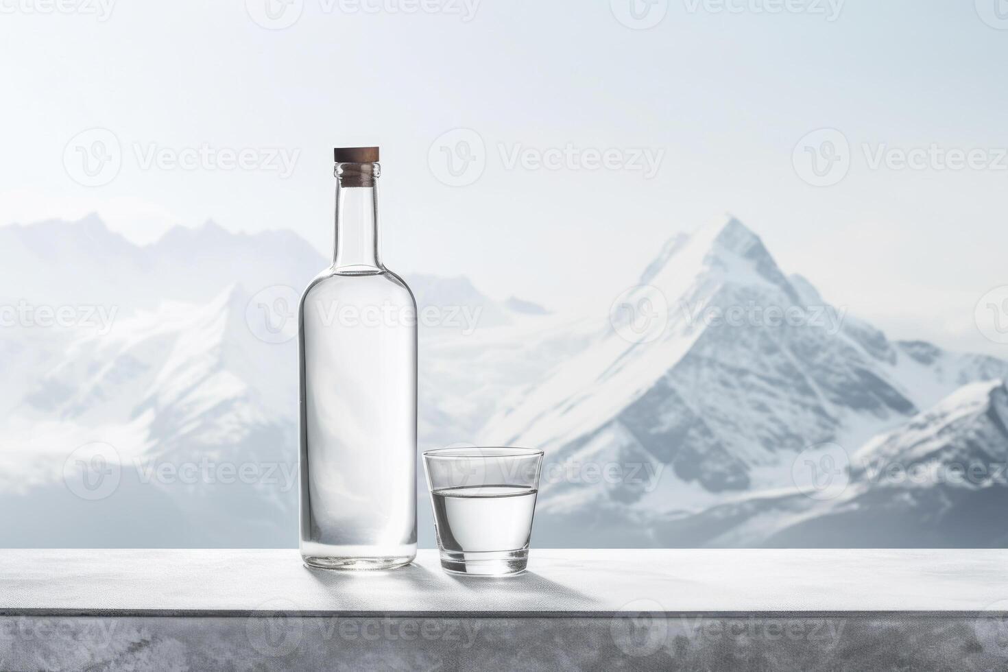 AI generated Stylish minimal mockup for string alcohol drink - vodka in stylish glass bottle on iced and snowy background with mountains. Minimalism. Place for text. photo