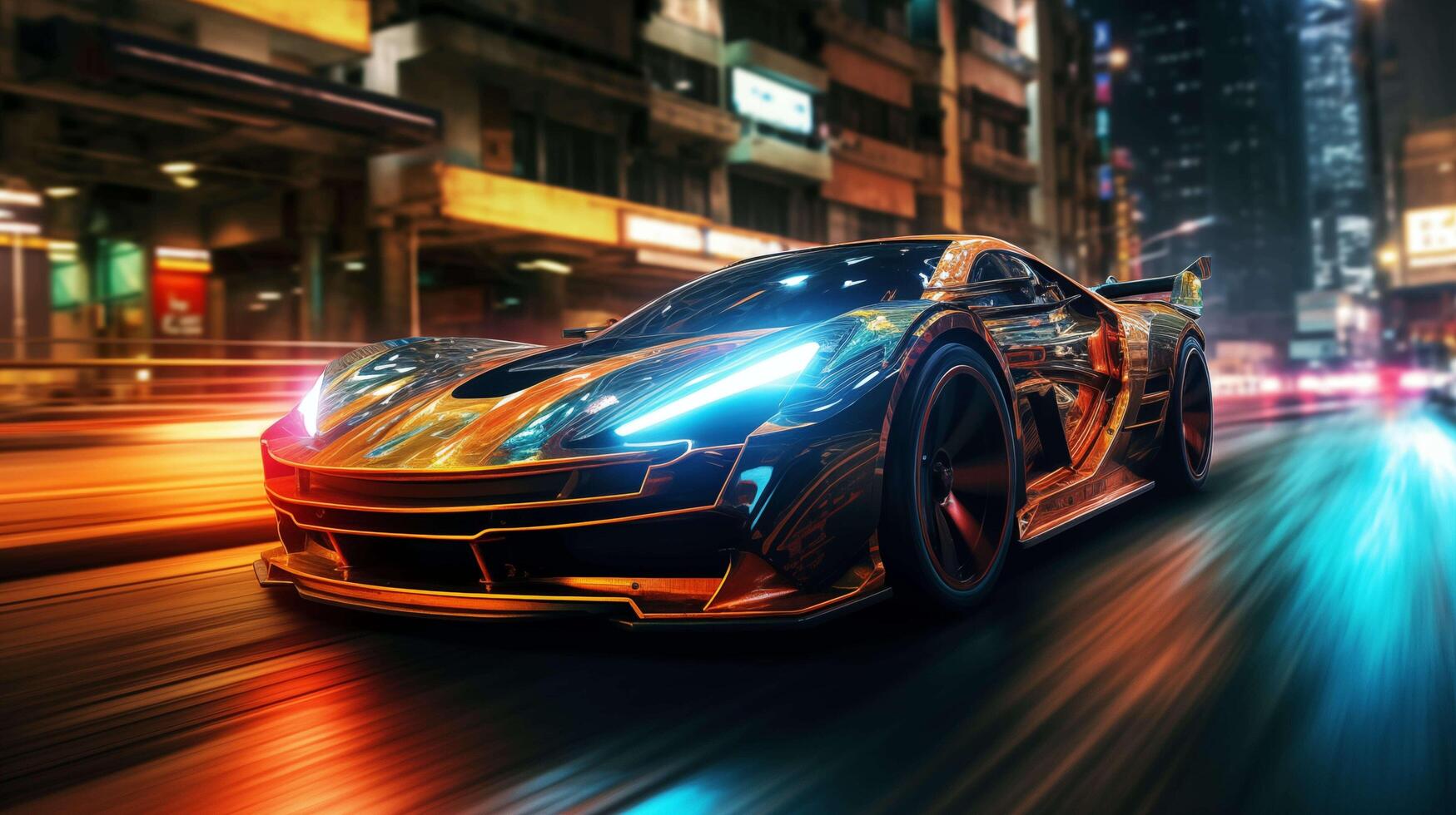 AI generated Visualize the sleek, futuristic car gracefully gliding through a bustling cityscape at night, bathed in the vibrant glow of neon lights, streaks of light trailing behind photo