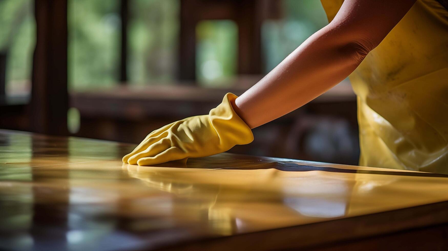 AI generated Close-up of a woman's hands wearing yellow rubber gloves, meticulously polishing a wooden table with a soft cloth and spray cleaner, the surface gleaming under the gentle strokes photo