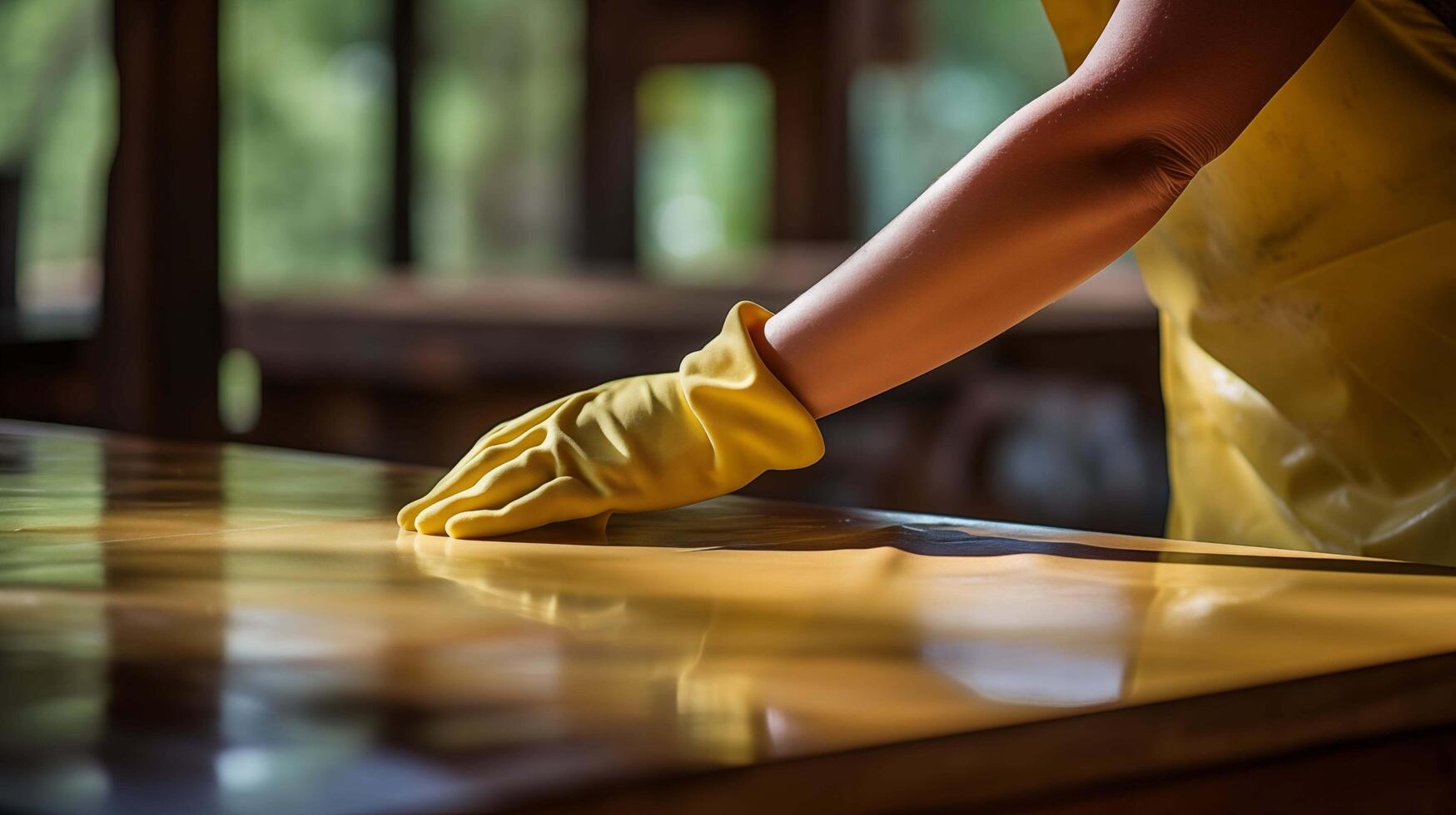 ai generado de cerca de un mujer manos vistiendo amarillo caucho guantes, meticulosamente pulido un de madera mesa con un suave paño y rociar limpiador, el superficie reluciente debajo el amable golpes foto