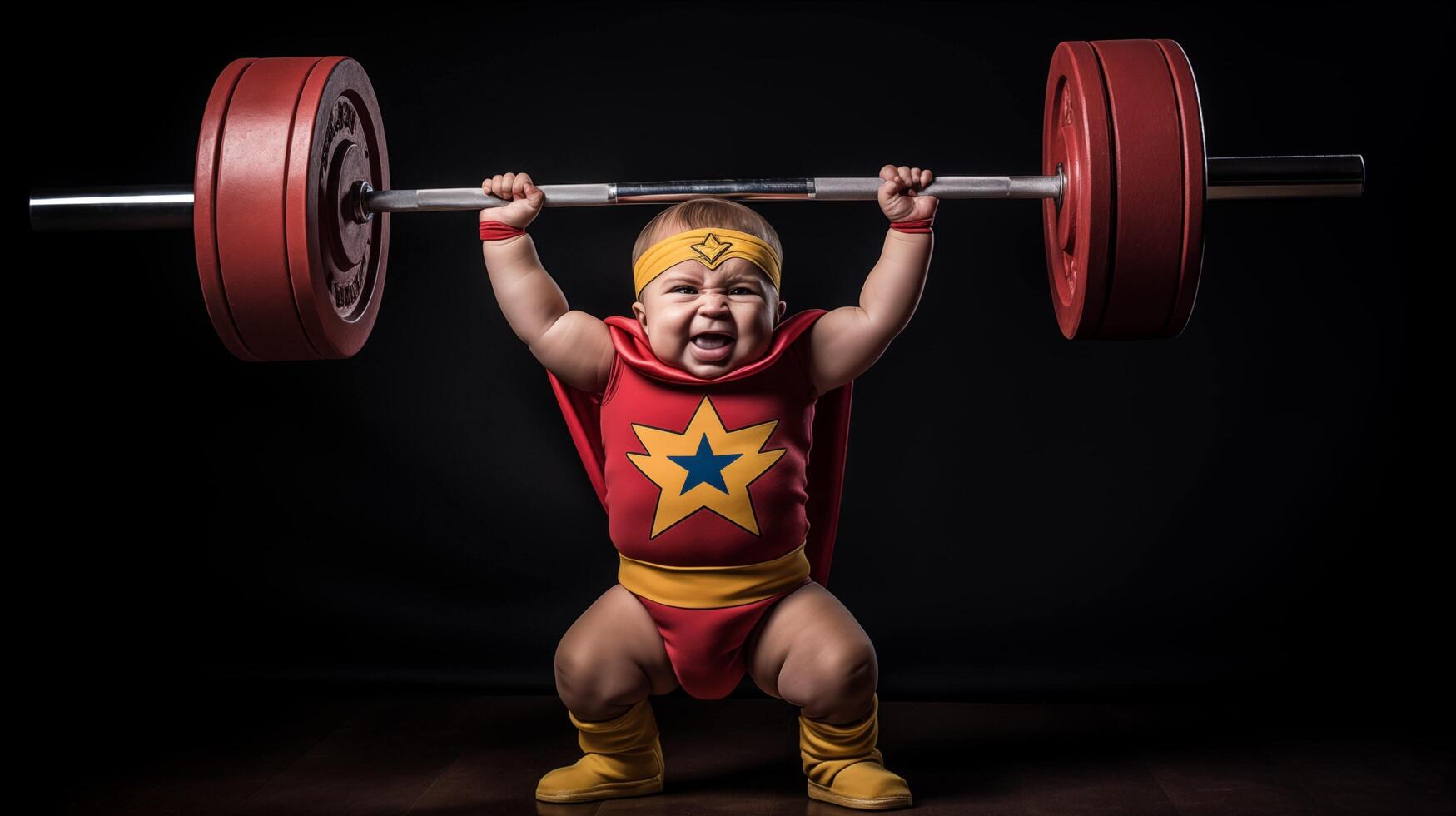 ai generado en esta divertido representación, un fuerte bebé soportes en contra un oscuro fondo, levantamiento un hilarantemente de gran tamaño barra con pesas con gordito las mejillas hinchado fuera y un determinado expresión foto