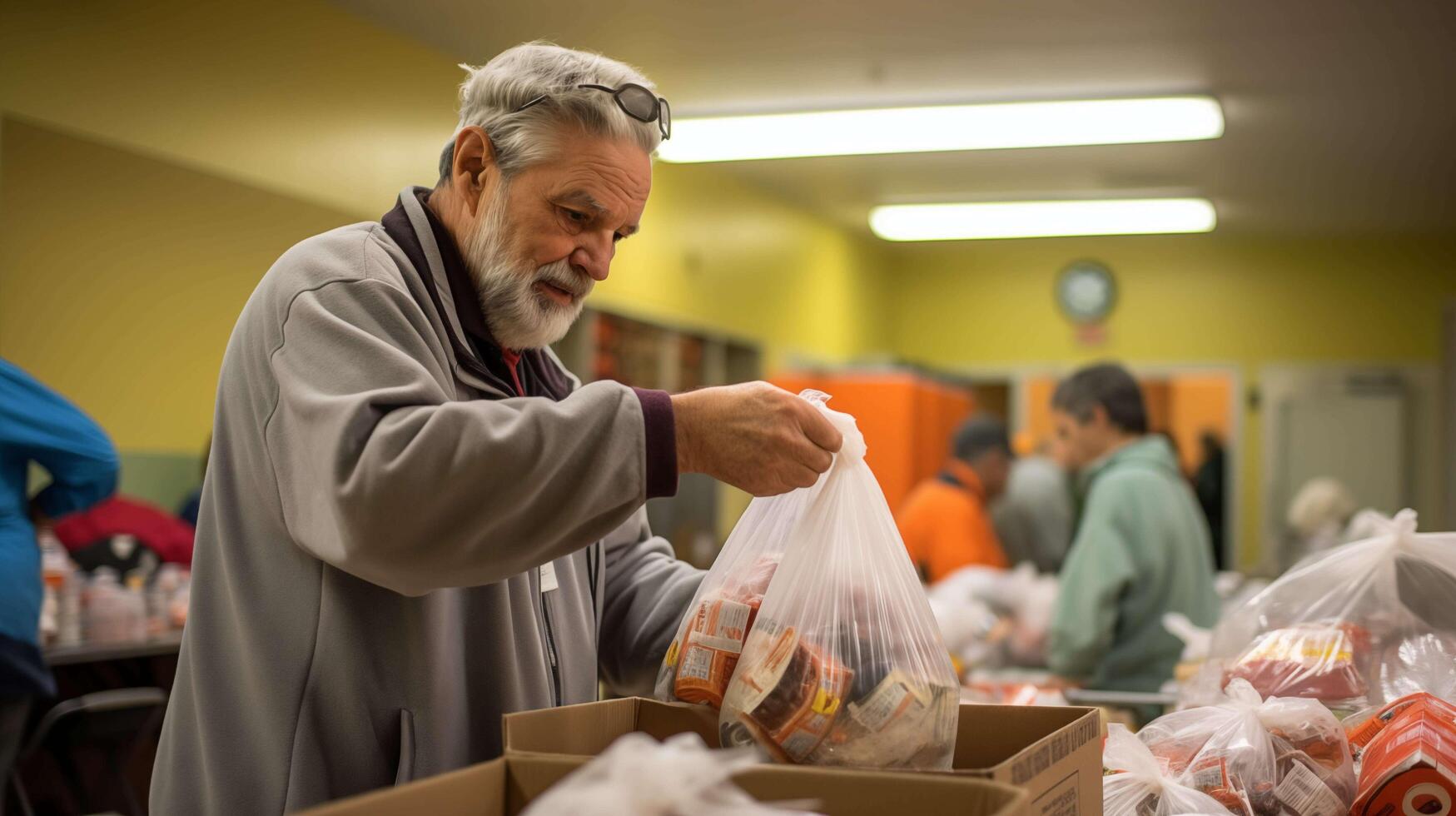 AI generated a humble community center, a middle-aged man with graying hair meticulously organizes supplies, stacks of canned goods and water bottles filling the room around him photo