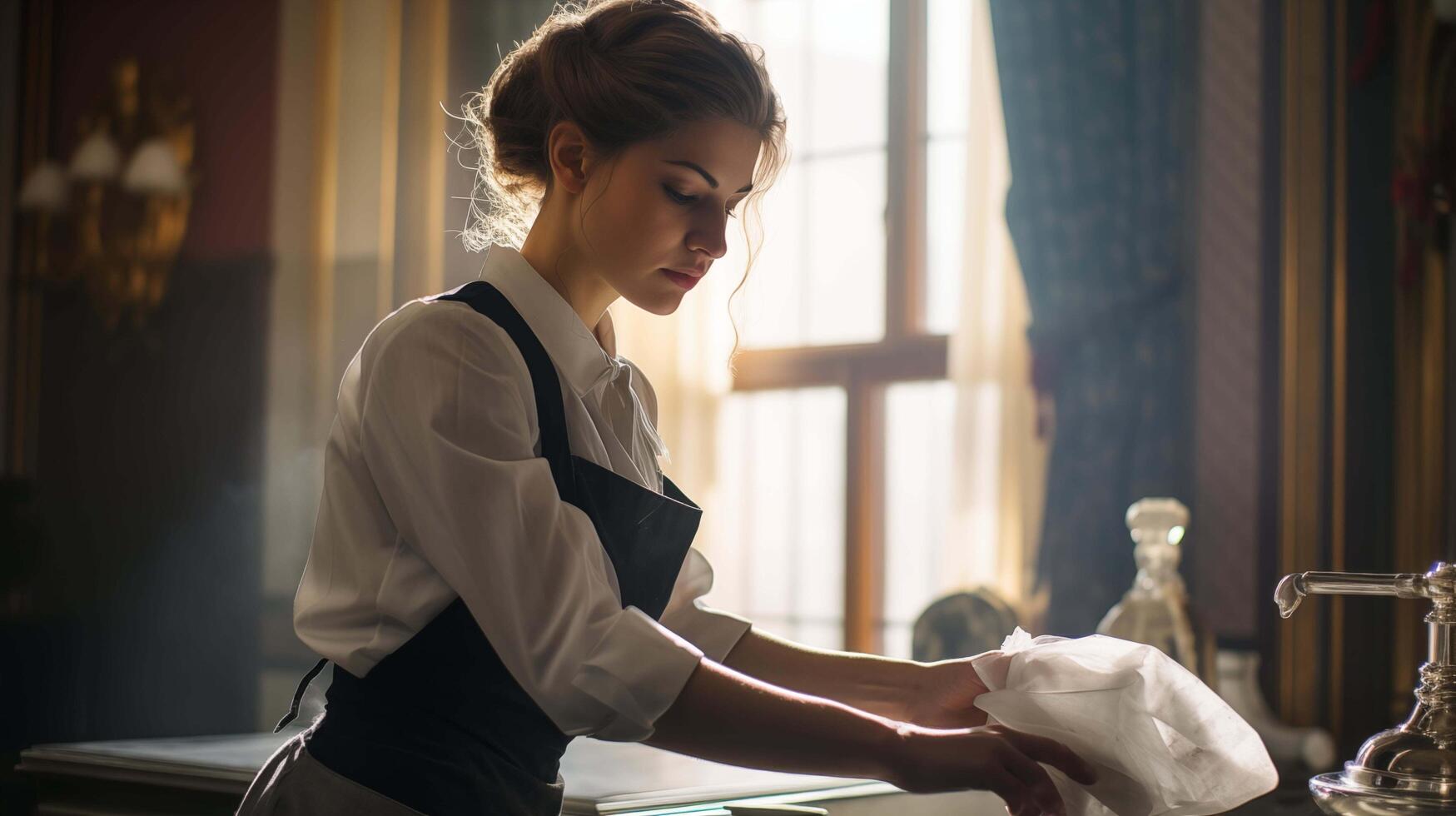 AI generated the elegant apartment where a lady in a maid uniform meticulously tidies up, her gloved hands skillfully polishing surfaces with precision, exuding a sense of satisfaction work photo