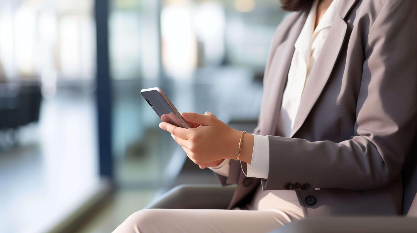 AI generated In a close-up view, an Asian businesswoman's hand is depicted as she adeptly operates her mobile smartphone photo