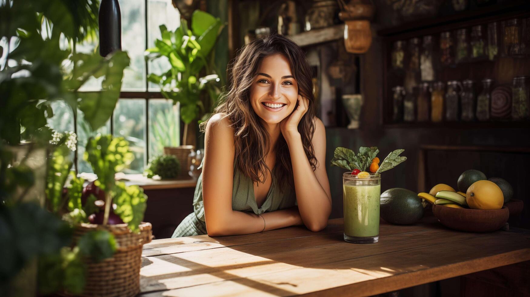 AI generated the scene of a radiant young woman with a contagious smile holding a vibrant green smoothie, seated at a rustic wooden table in a sunlit cafe photo