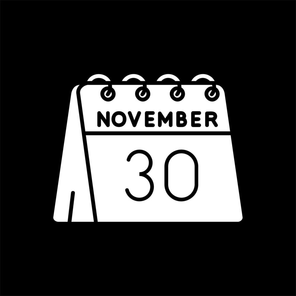 30 de noviembre glifo invertido icono vector