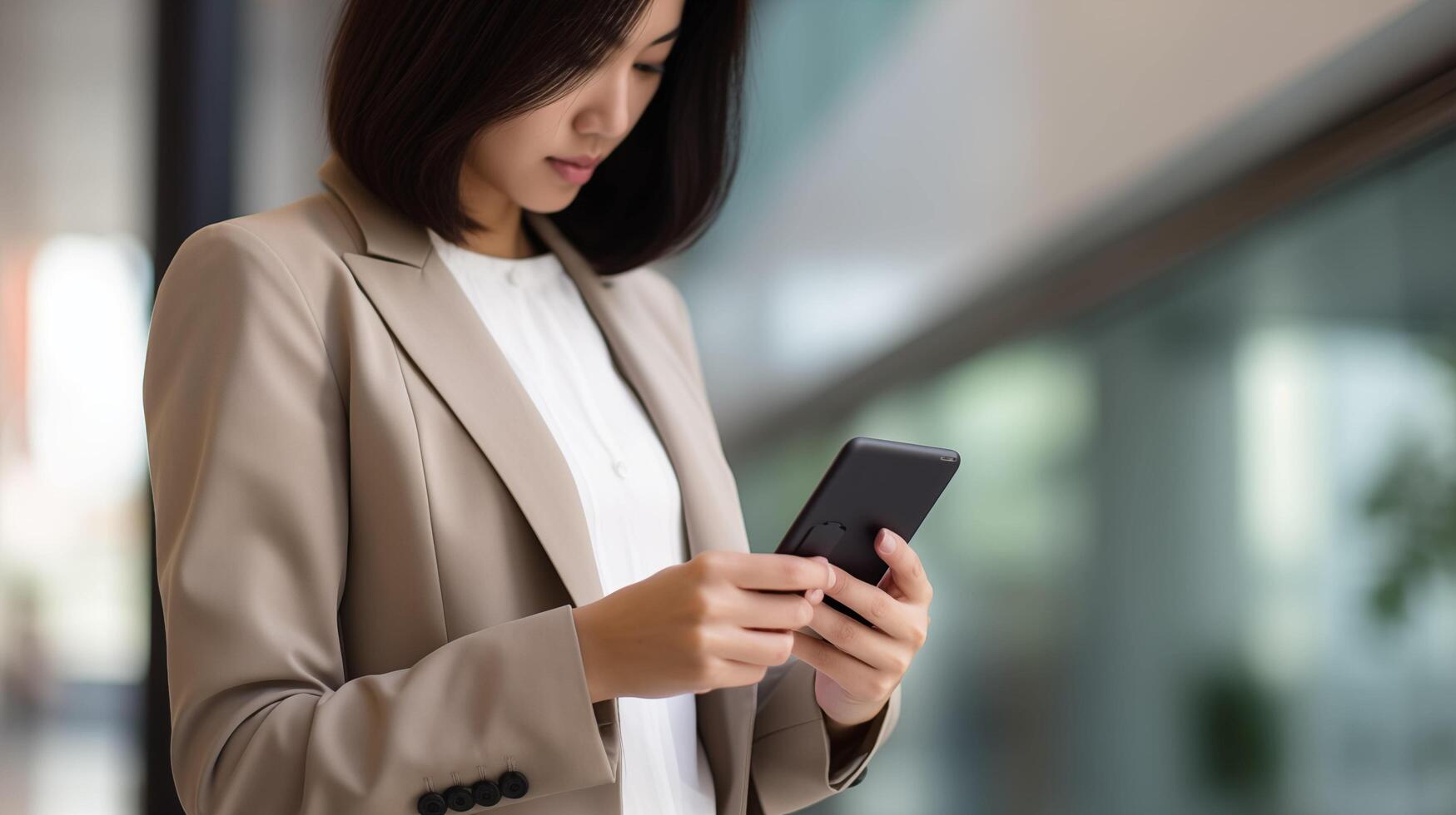 AI generated Asian businesswoman as she navigates her smartphone amidst her office setup, her demeanor exuding confidence and efficiency while immersed in a plethora of online work photo