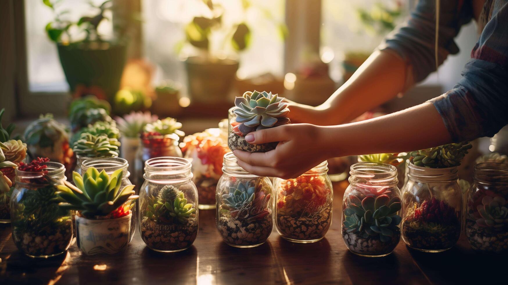 AI generated Female hands delicately planting vibrant succulents in upcycled glass jars adorned with hand-painted patterns and decorated with ribbons and twine photo