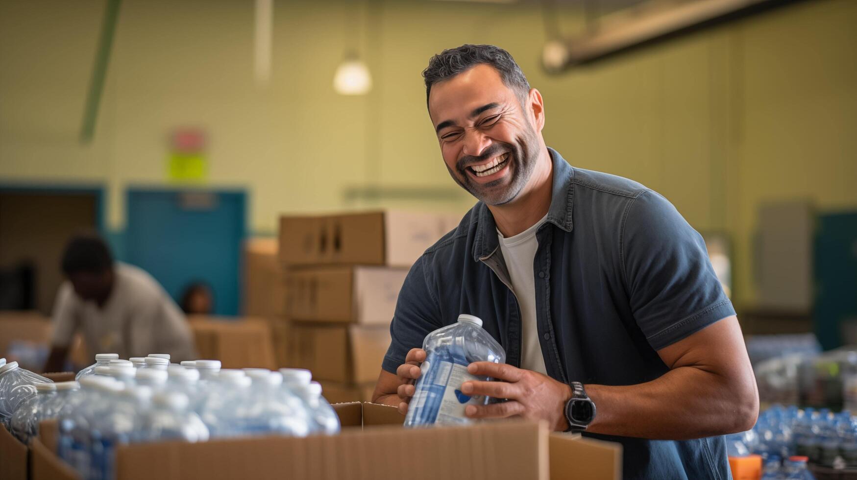 AI generated A mature man with a kind smile attentively arranging donated food and water supplies at a bustling community center, stacks of labeled boxes neatly lined up photo