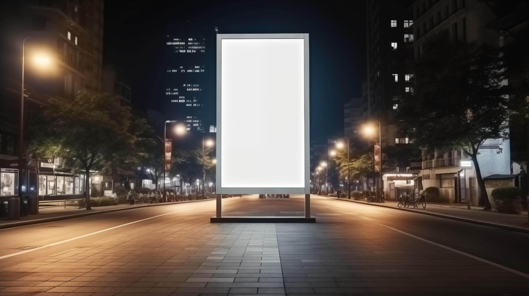 AI generated This mockup showcases a blank white vertical advertising banner billboard stand positioned on the tranquil sidewalk under the veil of night photo