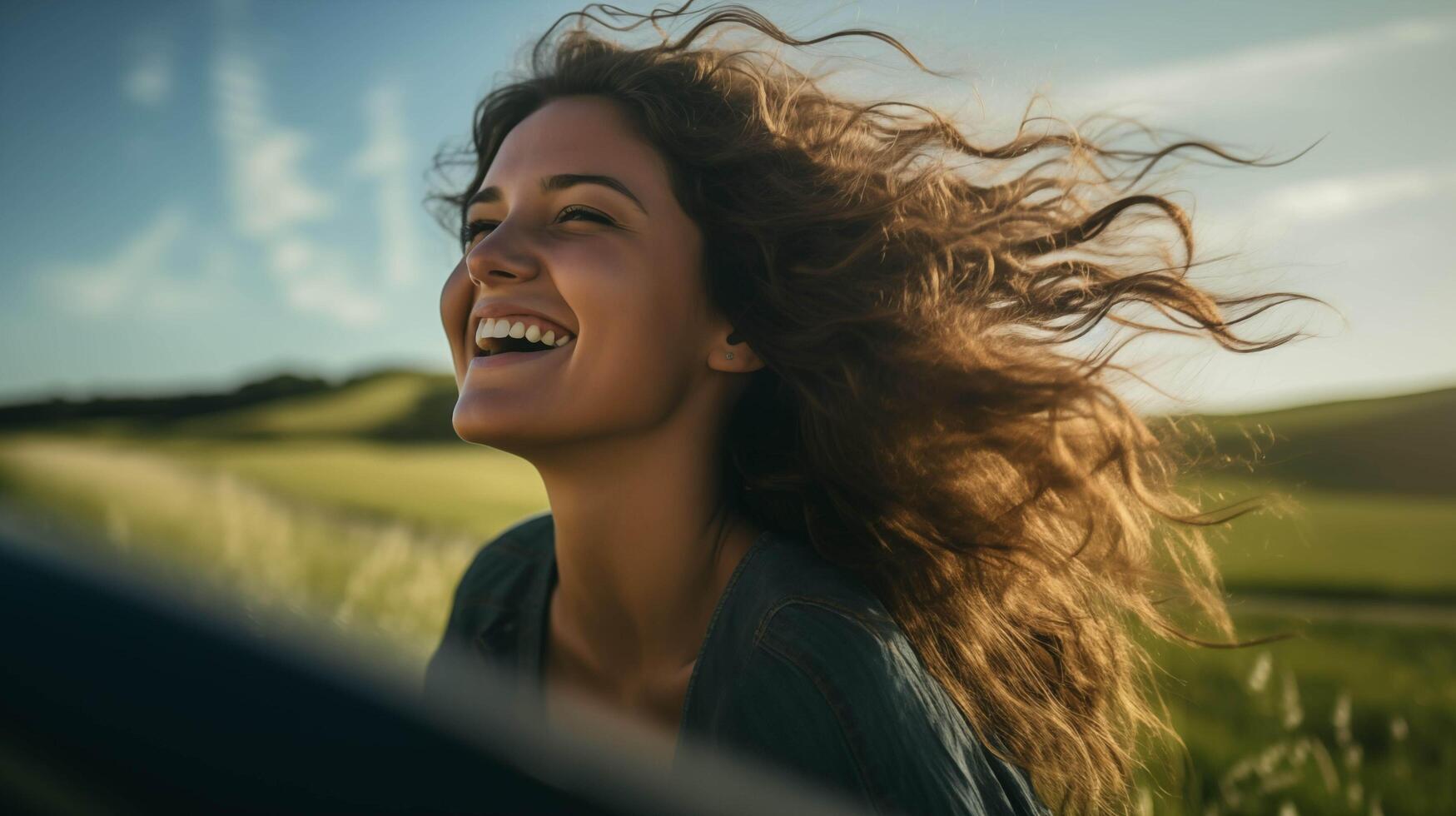 ai generado el escena como un linda mujer se inclina fuera de un coche ventana en contra el fondo de un claro azul cielo, su la risa relleno el aire, luz de sol suavemente besos su las mejillas foto