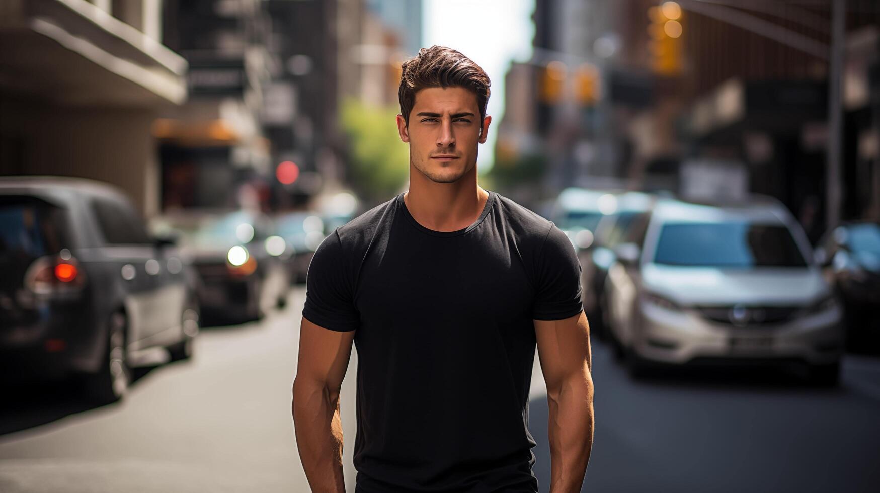 AI generated the captivating sight of a rugged male model amidst a vibrant city street, wearing a fitted black cotton t-shirt that accentuates his physique photo