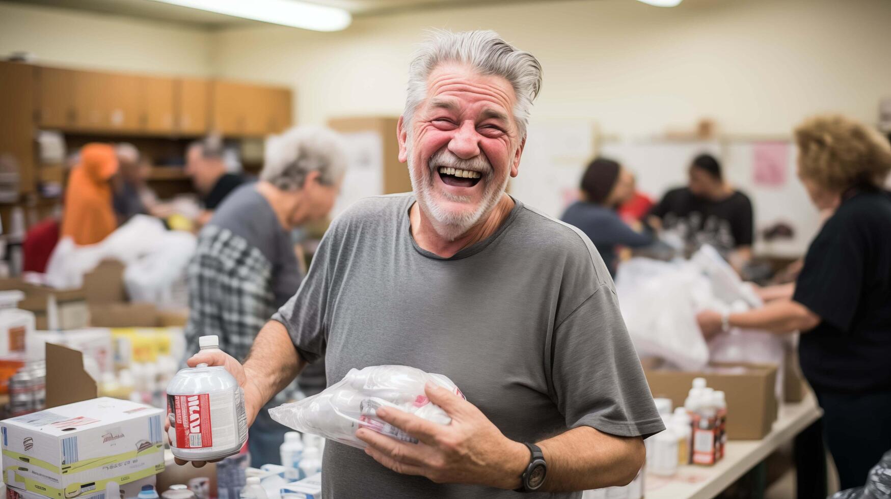 AI generated a humble community center, as a middle-aged man with graying hair dedicates himself to organizing supplies with meticulous care, stacks of canned goods and water bottles photo