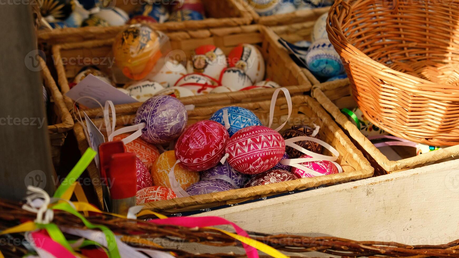 Beautiful colorful decor for Easter. Traditional Easter painted colorful eggs are sold at a market in Prague, Czech Republic. photo