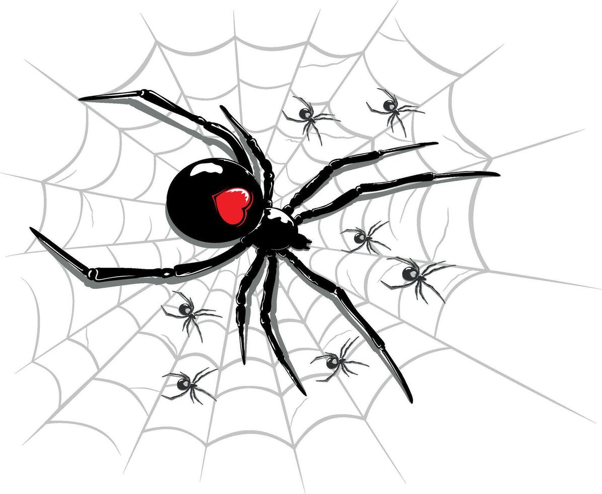 spider above a spider web, with scattered small spiders vector