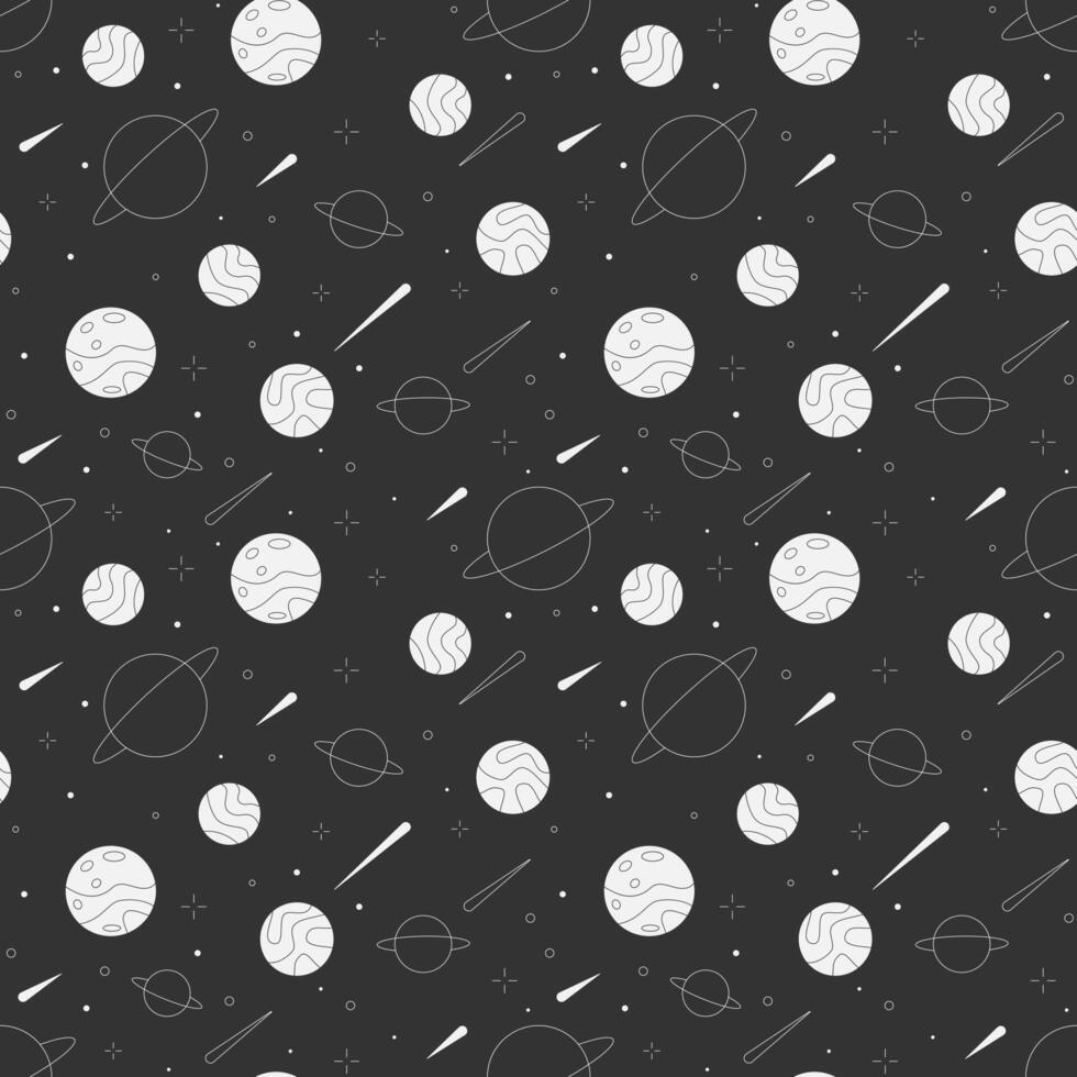 Seamless retro space black and white pattern with planets, stars, comets. Space theme cartoon doodle illustration. Vector graphics