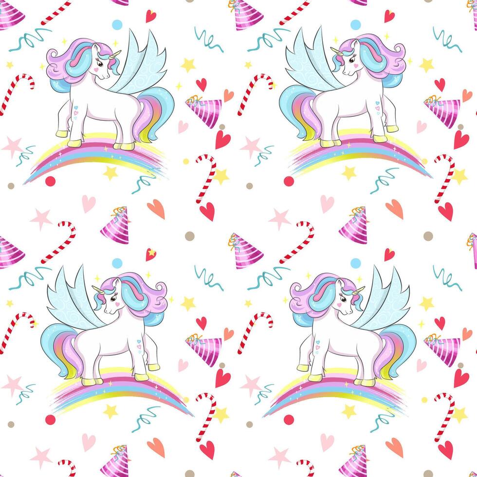 A magical unicorn on a rainbow surrounded by holiday decor. Seamless pattern for fabric or wallpaper, gift wrapping paper. Vector illustration in pastel colours. Repetitive background for printing.