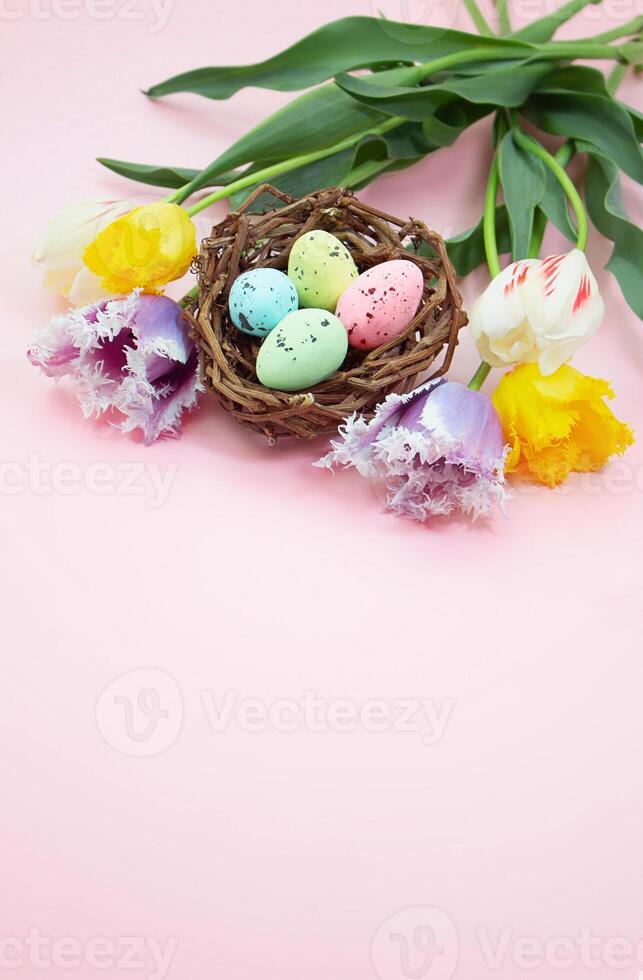 Multi-colored spotted eggs in nest with tulips on pink background. Easter. Vertical. Copy space photo