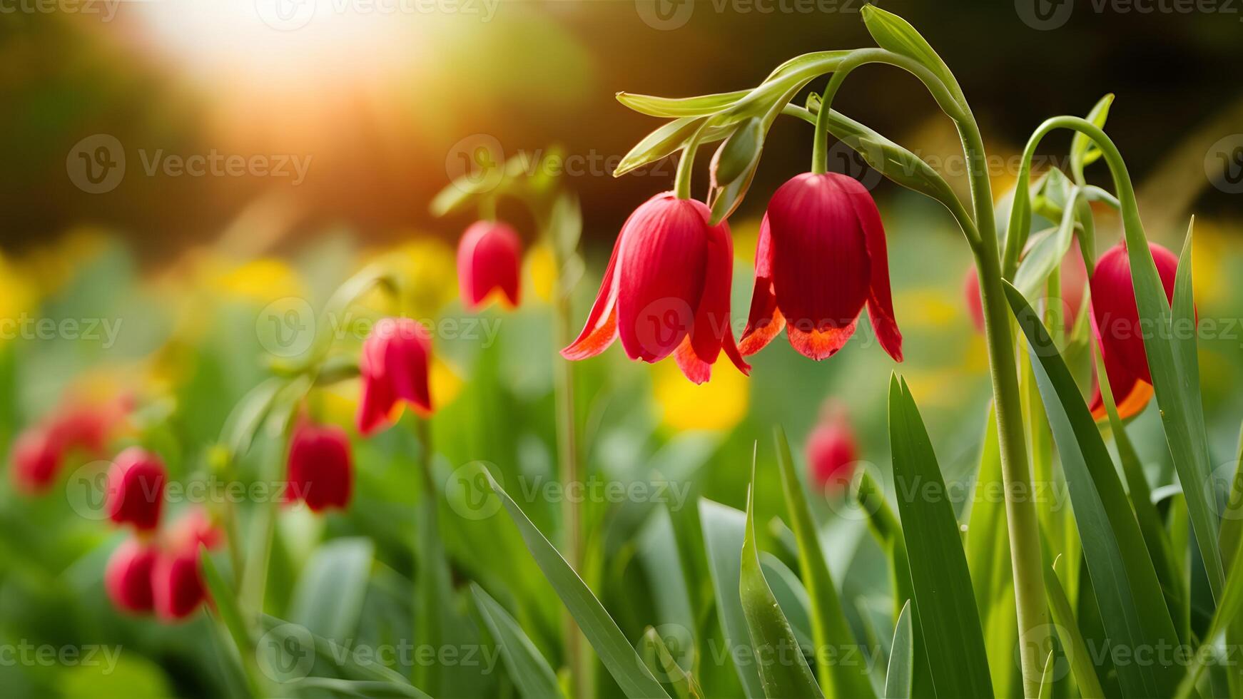 AI generated Beautiful bell flowers in sunrise garden, nature banner website photo
