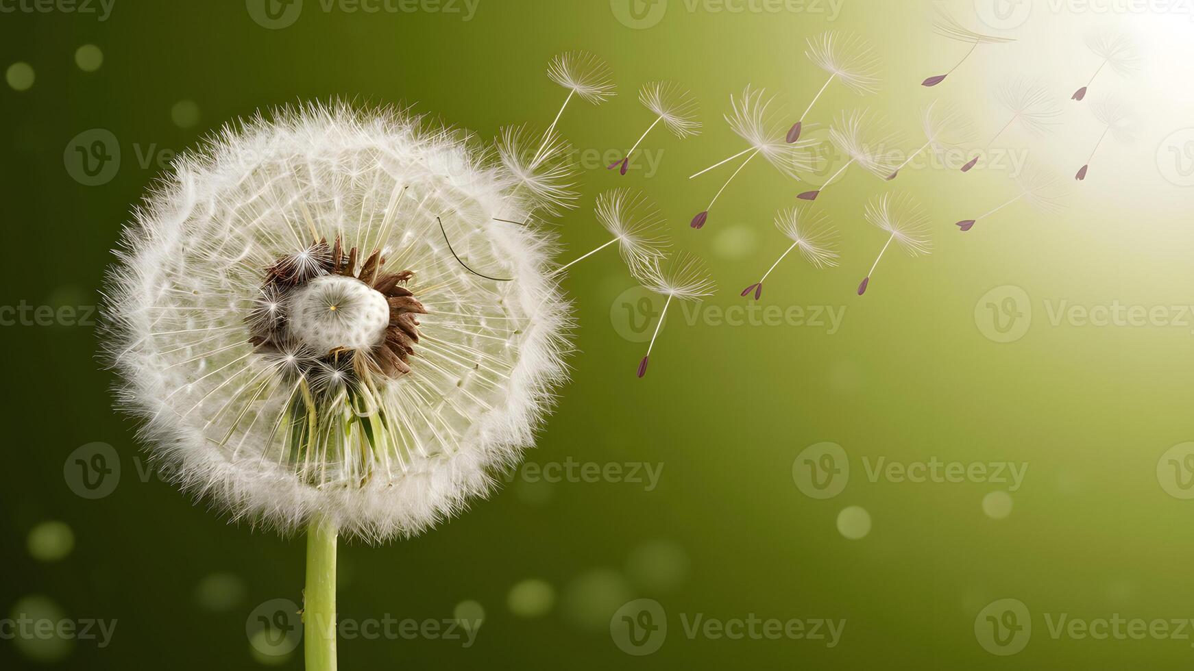 AI generated Dandelion clock morning sun seeds blowing away across fresh green background photo