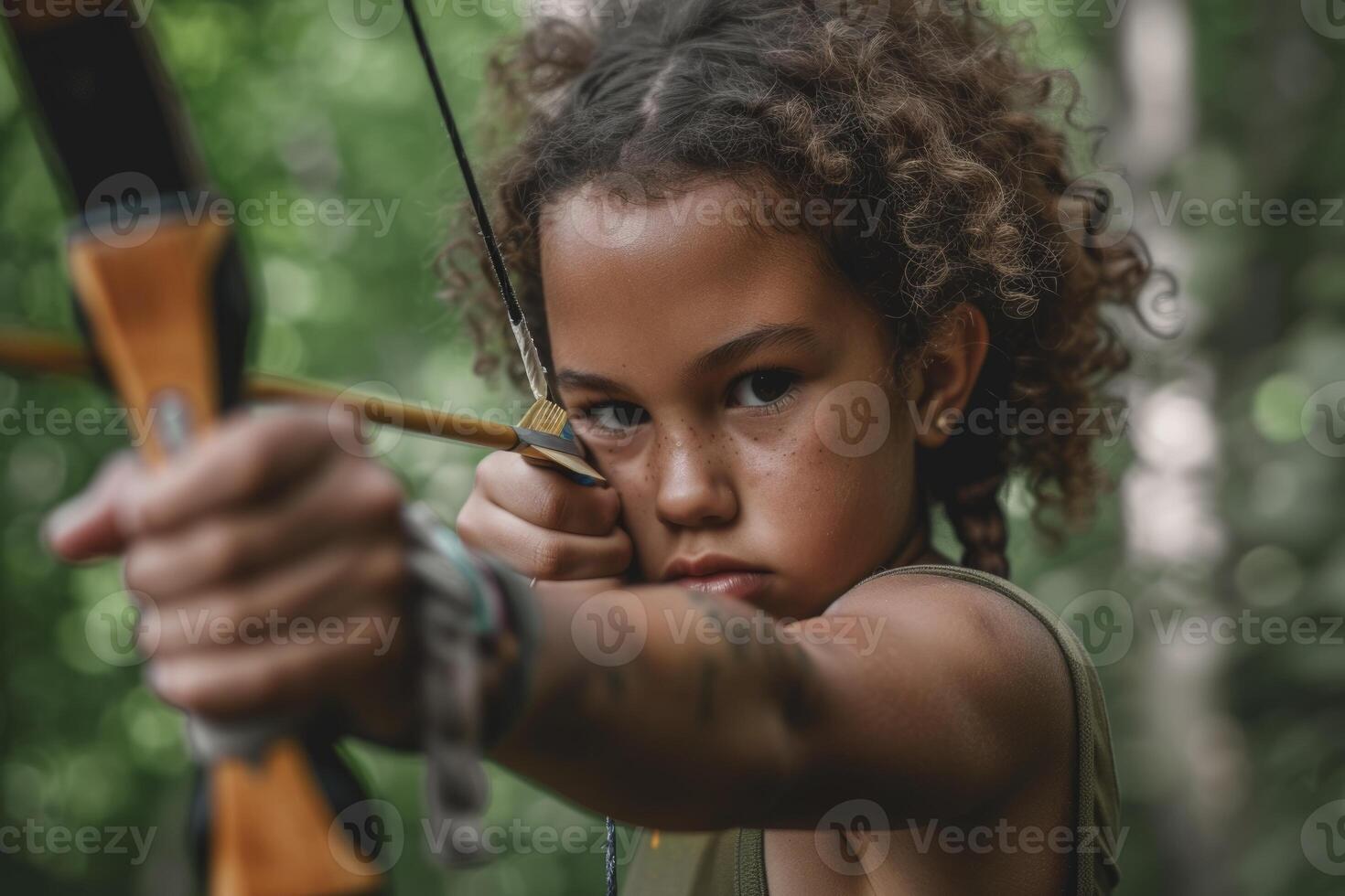 AI generated close up child shooting a bow at summer camp. generative ai photo