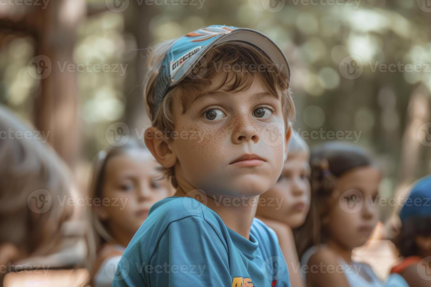 AI generated children at a summer camp in nature. generative ai photo