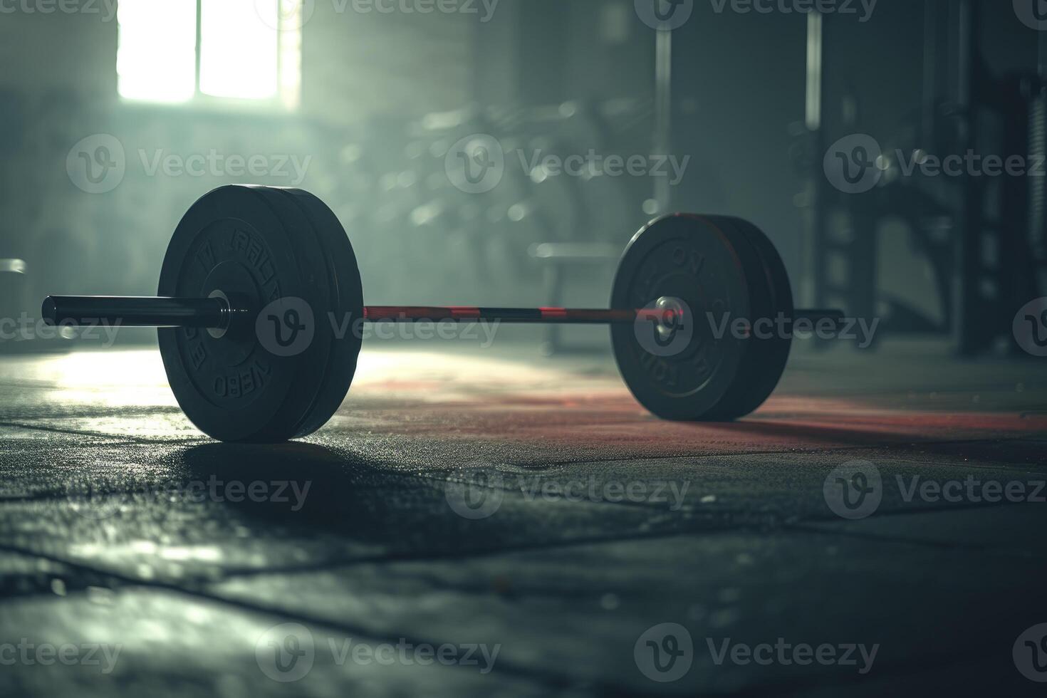 AI generated barbell with weights on a gym floor. generative ai photo