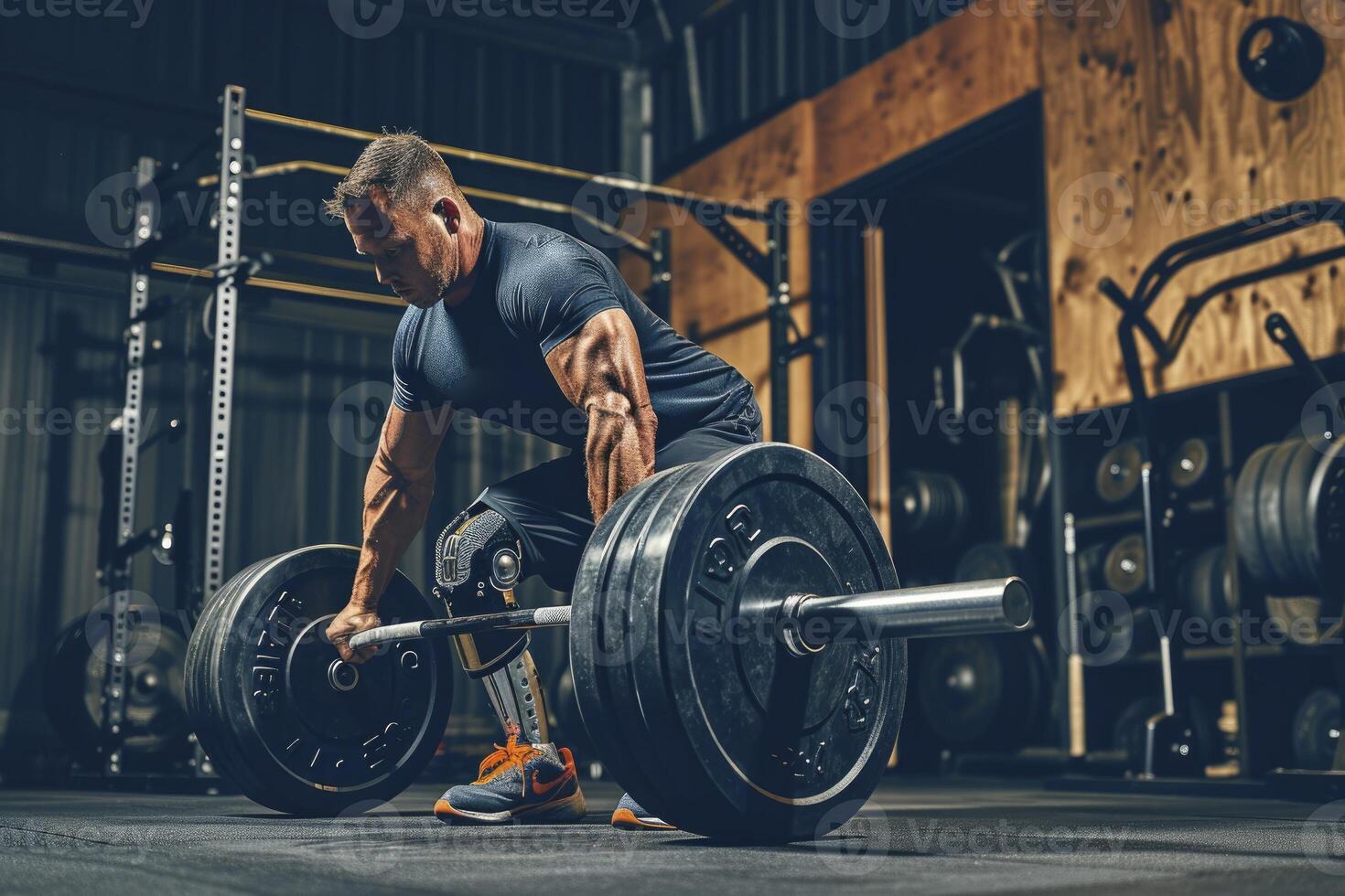 ai generado levantamiento de pesas atleta con un protésico pierna. generativo ai foto