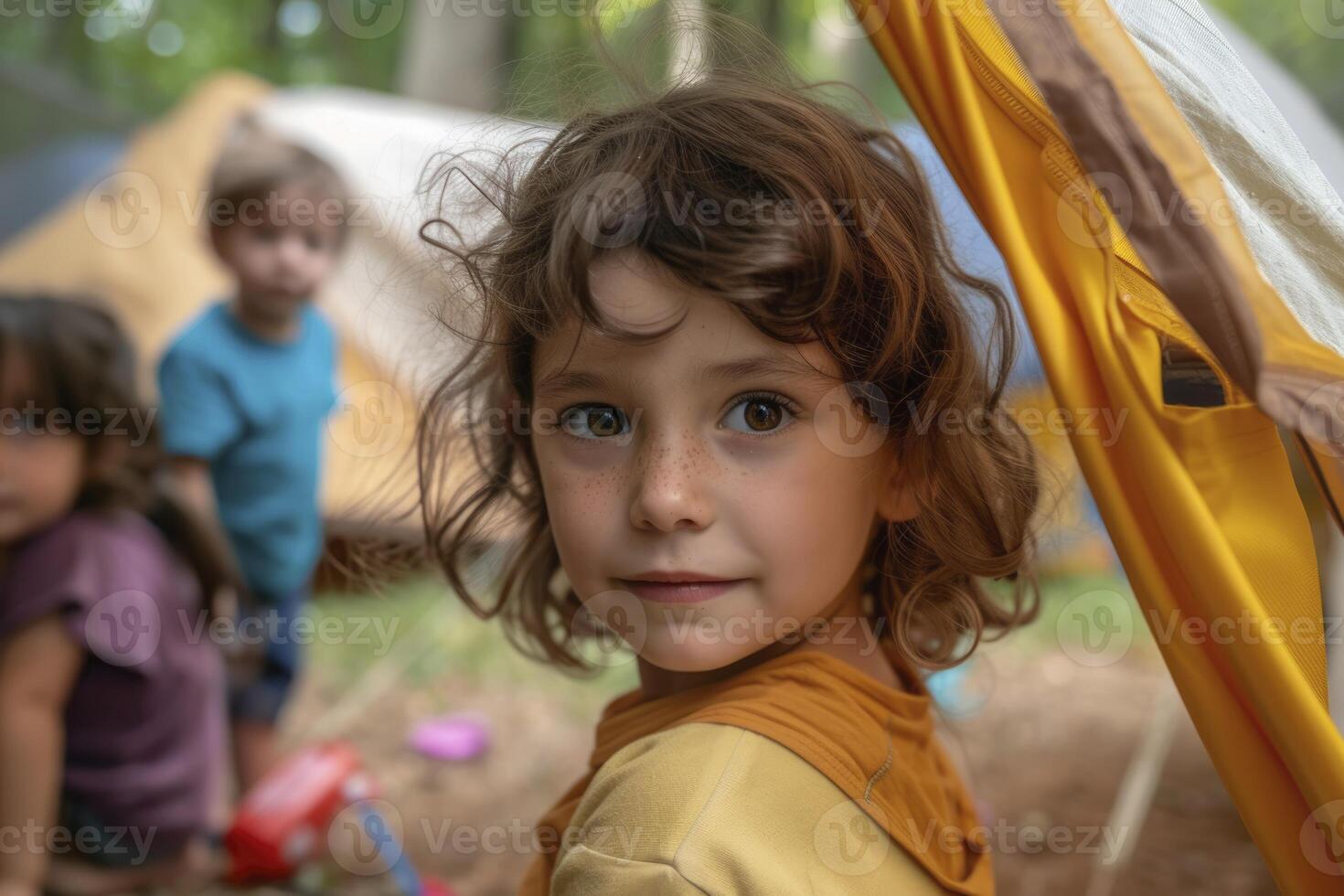 AI generated children at a summer camp in nature. generative ai photo