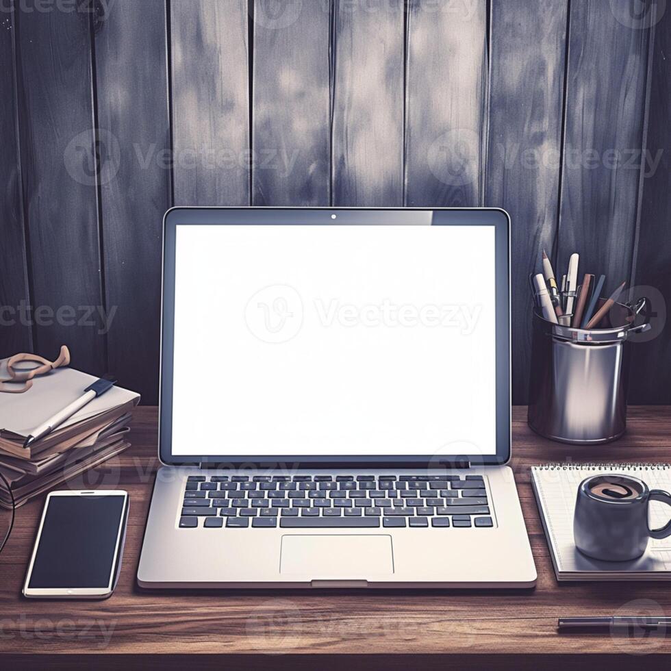 AI generated Productivity scene Desk with laptop, blank screen, coffee, and stationery For Social Media Post Size photo