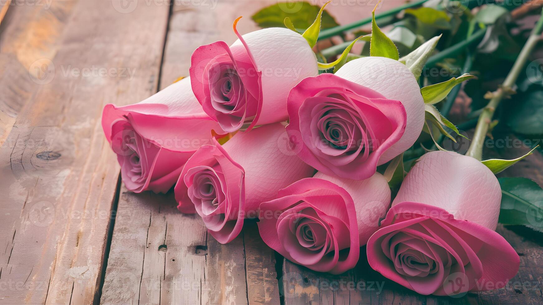 AI generated Pink roses over wooden table, ideal for Valentines Day photo