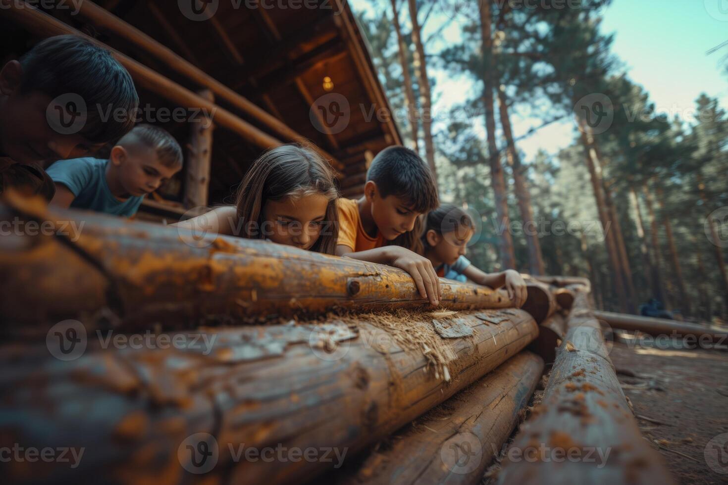 AI generated children making a cabin at summer camp. generative ai photo